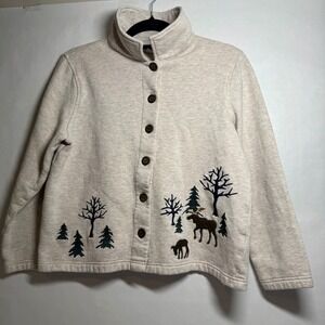 Breckenridge Petite‎ Women's Beige Moose Forest Embroidered Button Up Jacket PM